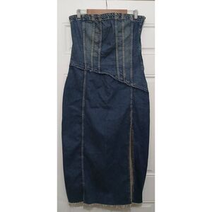 Zara womens xl Strapless pencil denim jeans dress midi long split side